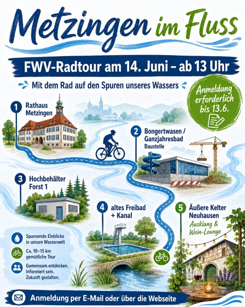 Mit dem Rad auf den Spuren unseres Wassers: Am 14. Juni führt die FWV Metzingen zu wichtigen Orten rund um Trinkwasser sowie die Wasserversorgung, für die Stadtentwicklung und zur Freizeitgestaltung in Metzingen.
